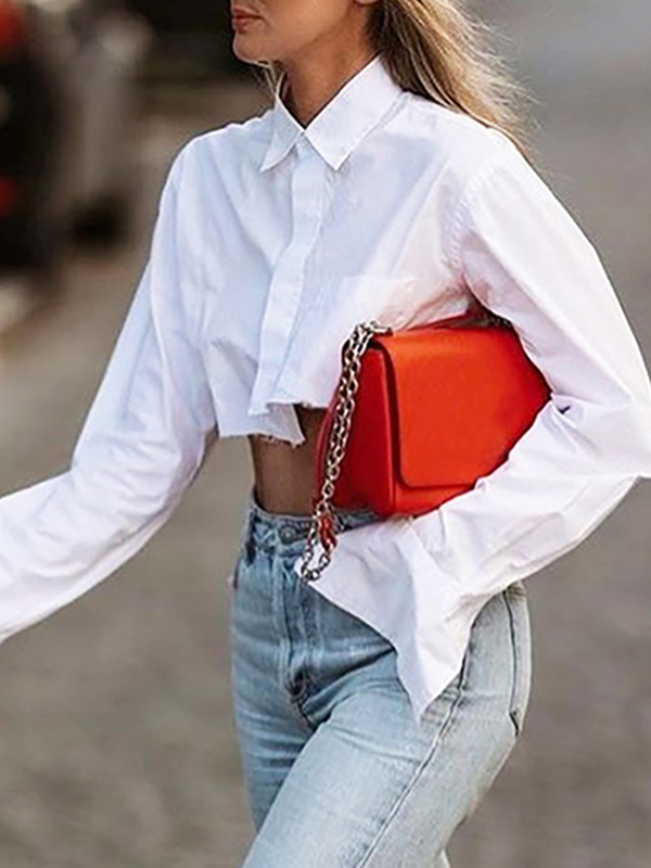 Cropped Long Sleeves Asymmetric Fringed Pockets Solid Color Blouses&shirts Tops
