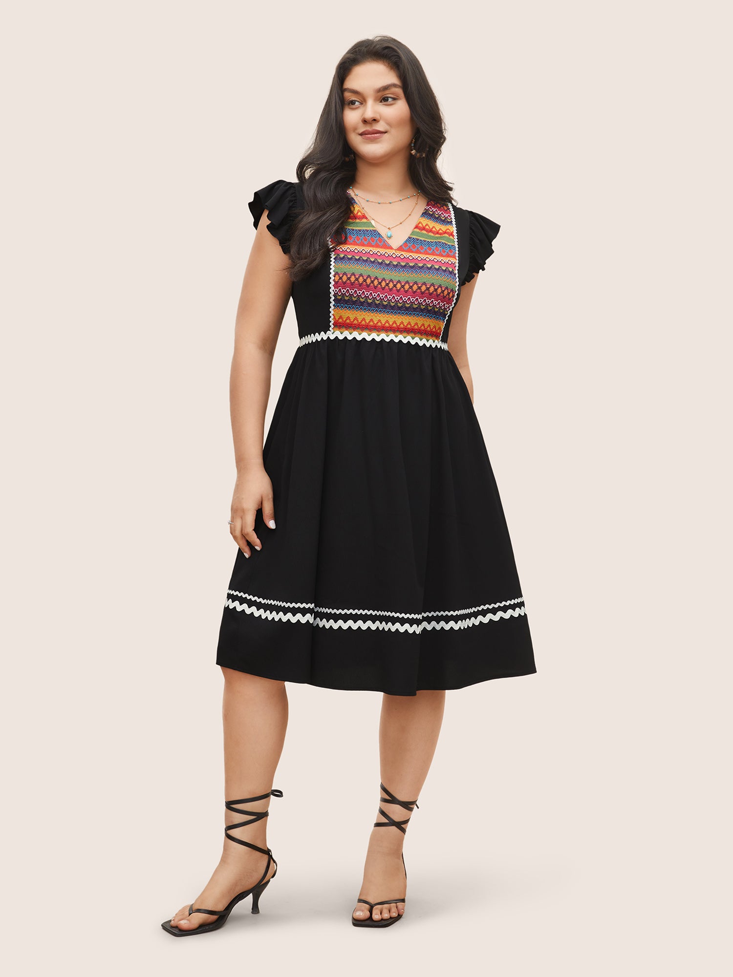 Color Embroidered Patchwork Flounce Sleeve Dress