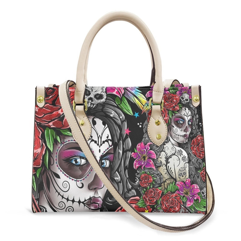 Halloween Women's Medium Pu Leather Human Floral Streetwear Square Hook Loop Customized Tote Bag
