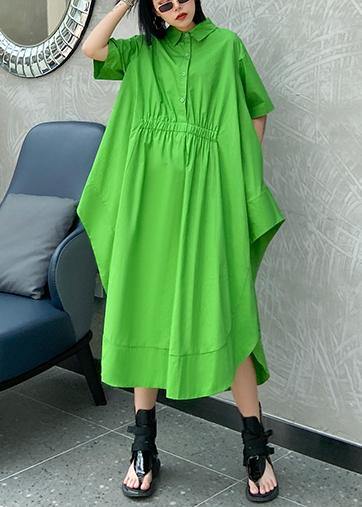 DIY green cotton clothes Women lapel asymmetric Kaftan Dress