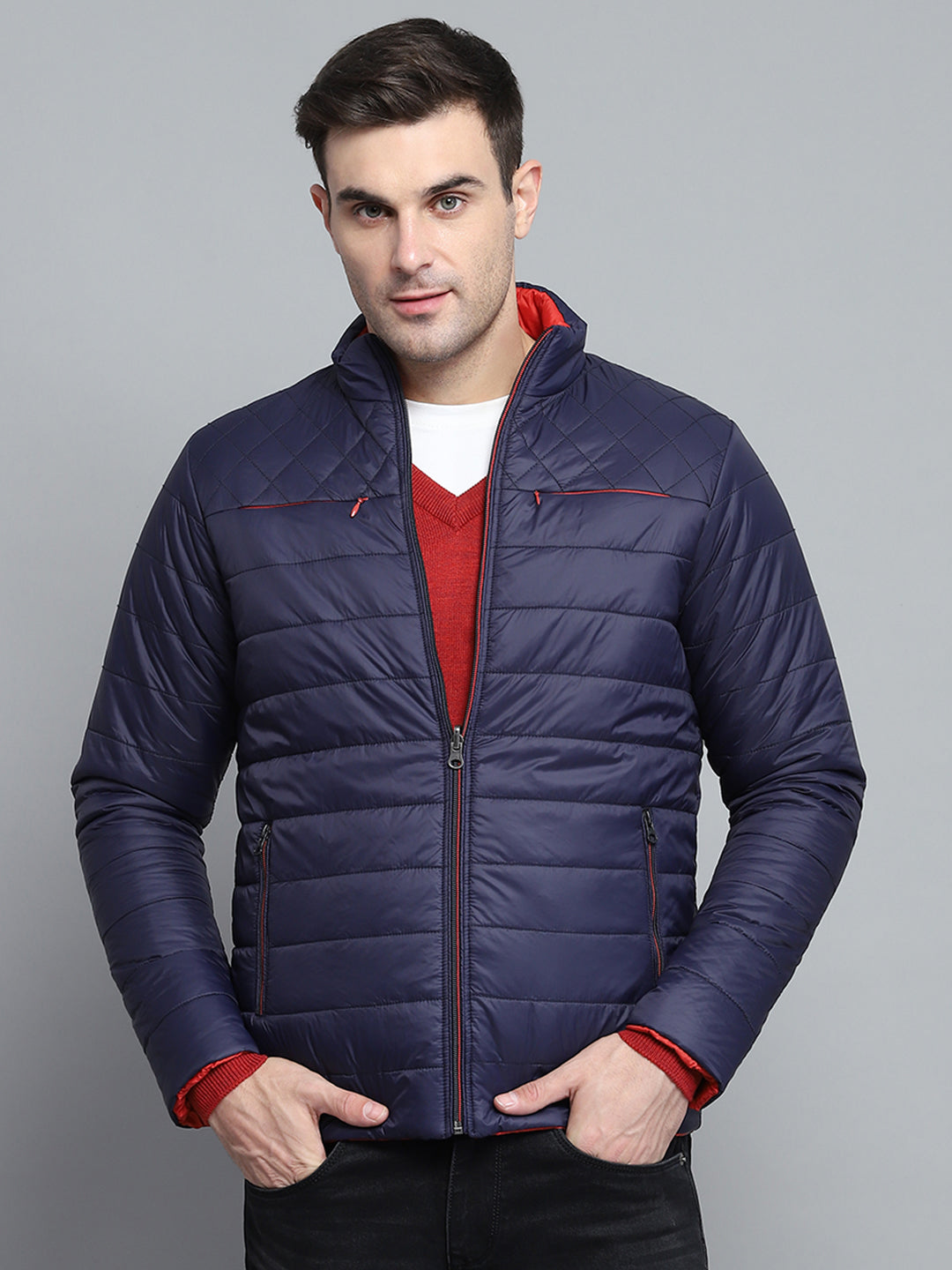 Men Navy Blue Solid Mock Neck Full Sleeve Jacket