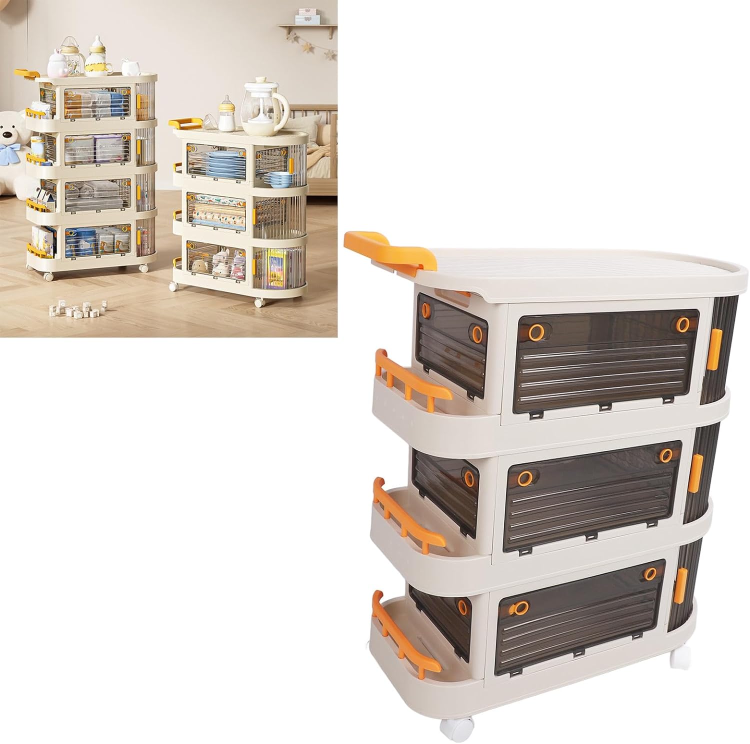 Rolling Utility Cart. Large Capacity Plastic Rolling Storage Cart With Transparent Panel. Handle And Lockable Caster Wheels