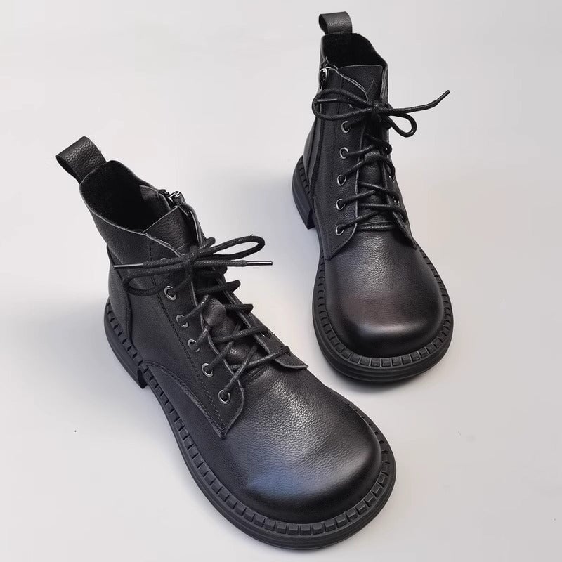 Women's Leather Big Toe Lace up Ankle Boot Side Zip Martin Boots Fleece Lined in Black/Brown