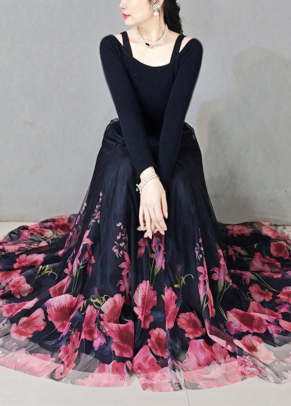 New Black Print High Waist Tulle Skirt Spring