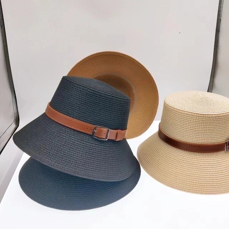 Women's Pastoral Minimalist Solid Color Belt Buckle Wide Eaves Straw Hat