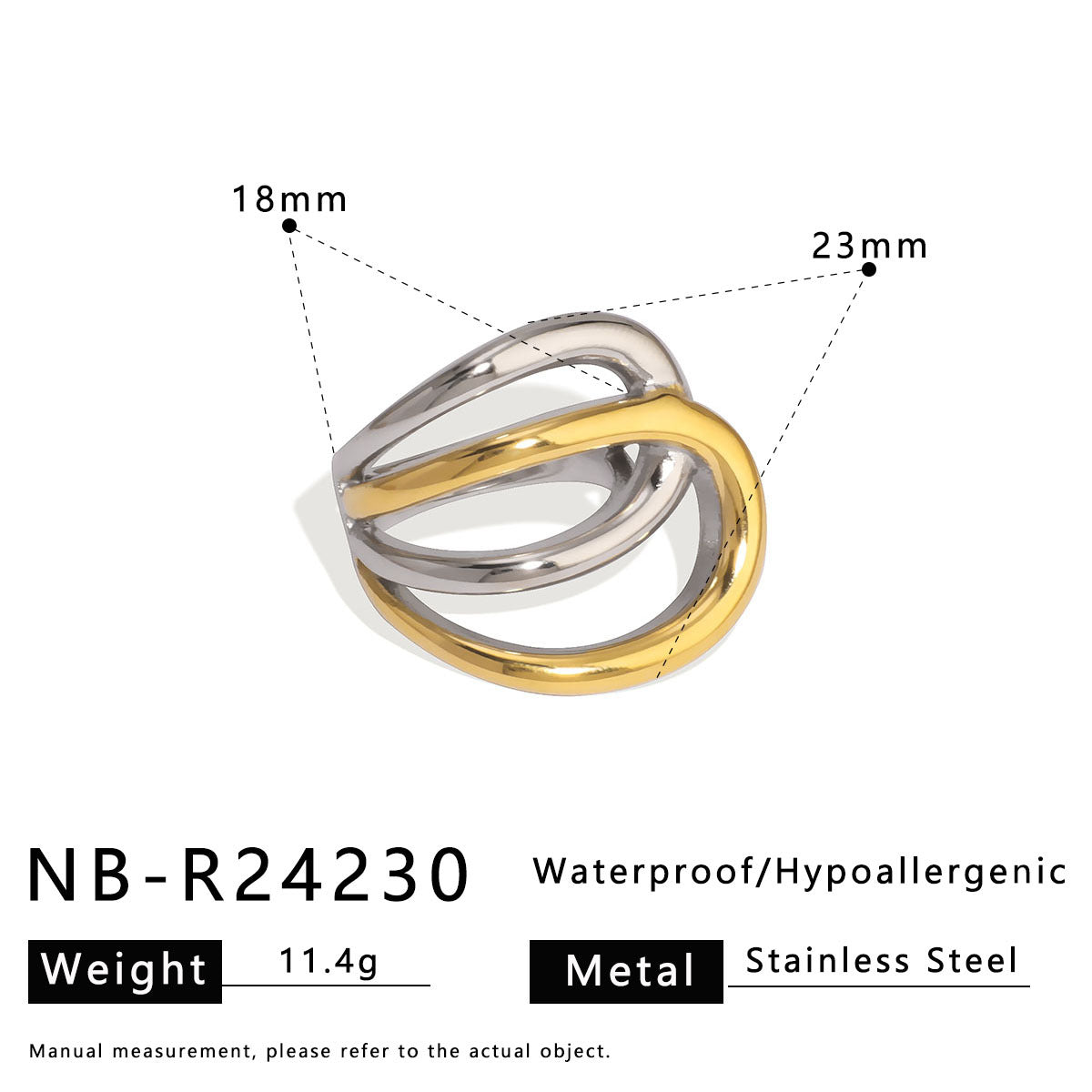 Design Sense Two-Color Hollow Lines Gold Ring Asymmetrical Staggered Exaggerated Stainless Steel Ring Women