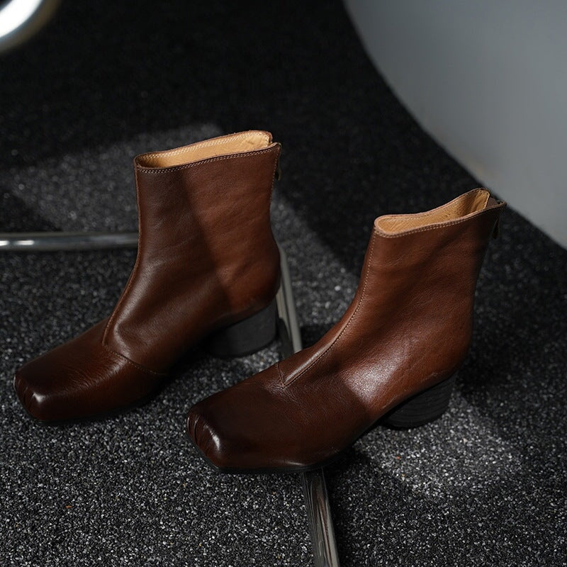 French-Style Square-Toe Chelsea Ankle Boots for Women with Chunky Heels