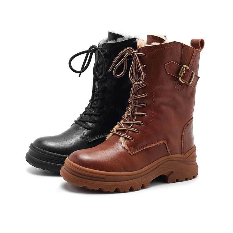 Leather Combat Boots Designer Retro Chunky Riding Boots in Coffee/Black Have Shearling Lined Choice