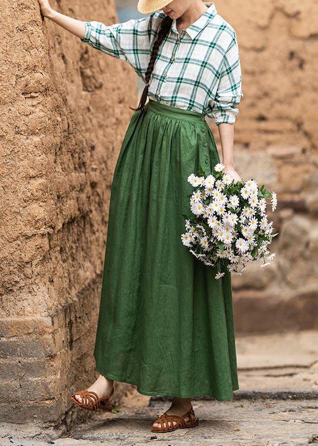 Fashion Green Elastic Waist A Line Skirts Summer Linen