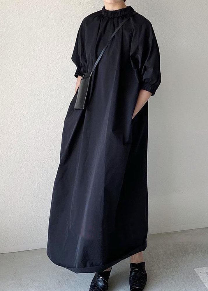 Handmade Black Stand Collar Patchwork Cotton Long Dress Half Sleeve Summer