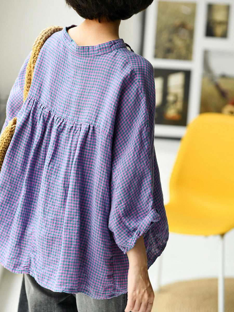 Women Summer Retro Plaid 100%Linen V-Neck Shirt