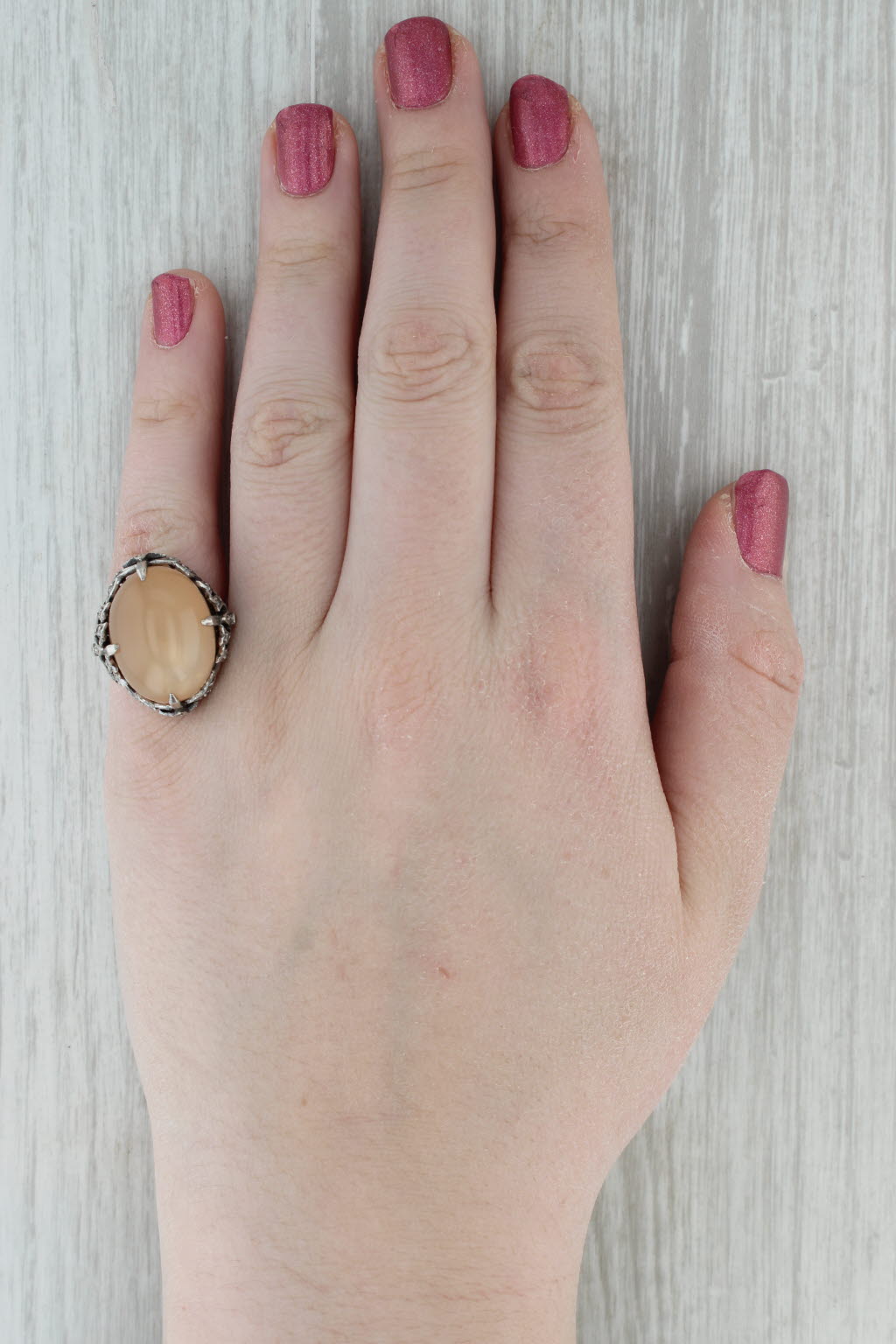 Peach Star Moonstone Diamond Ring 800 Silver Vintage Ornate Size 5 Cocktail