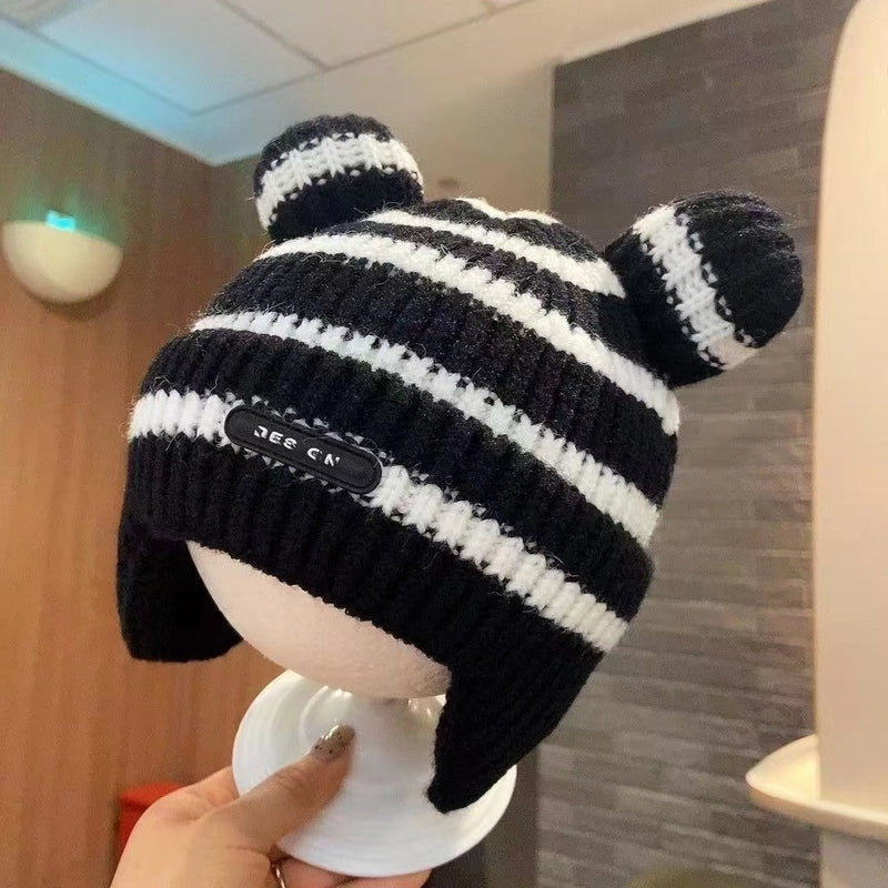 Baby Hat Autumn And Winter Korean Style Baby Hat Striped Cute Bear Hat Wool Hat Boys And Girls Hat