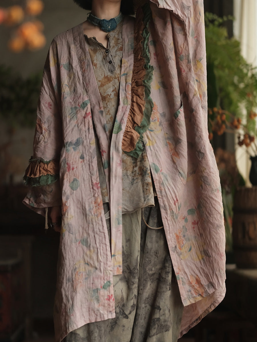 Women Summer Vintage Flower Spliced V-Neck Ramie Shirt Coat