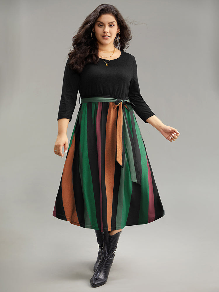 Striped Contrast Patchwork Belted Dress