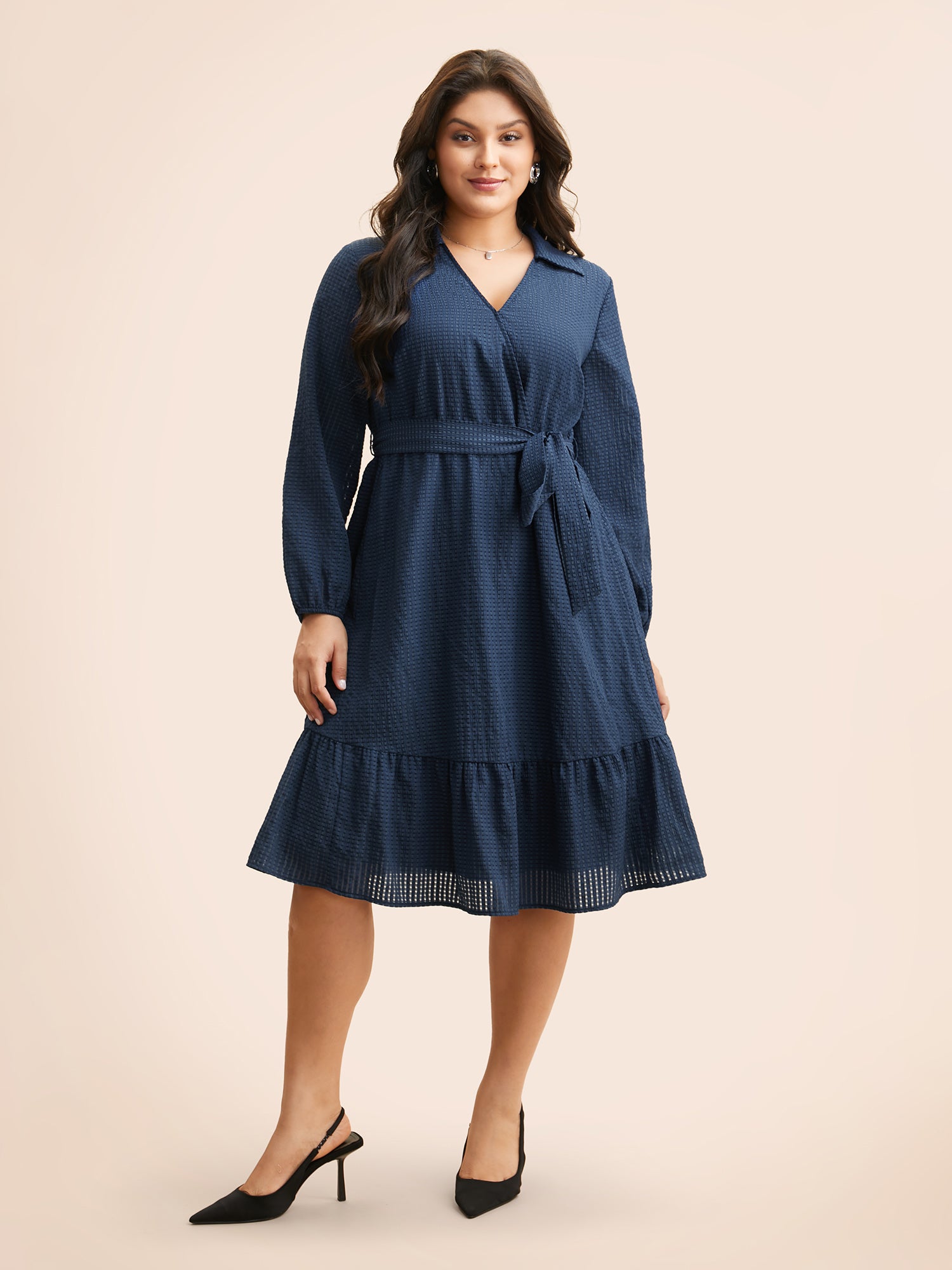 Overlap Collar Plain Textured Midi Dress