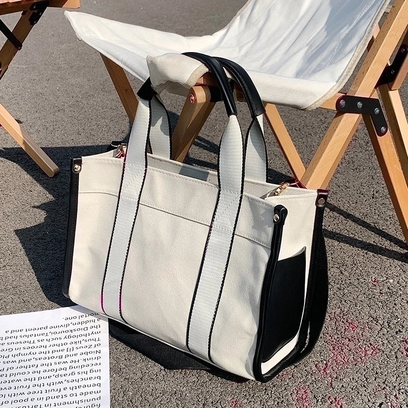 Women's Large Canvas Color Block Classic Style Magnetic Buckle Tote Bag