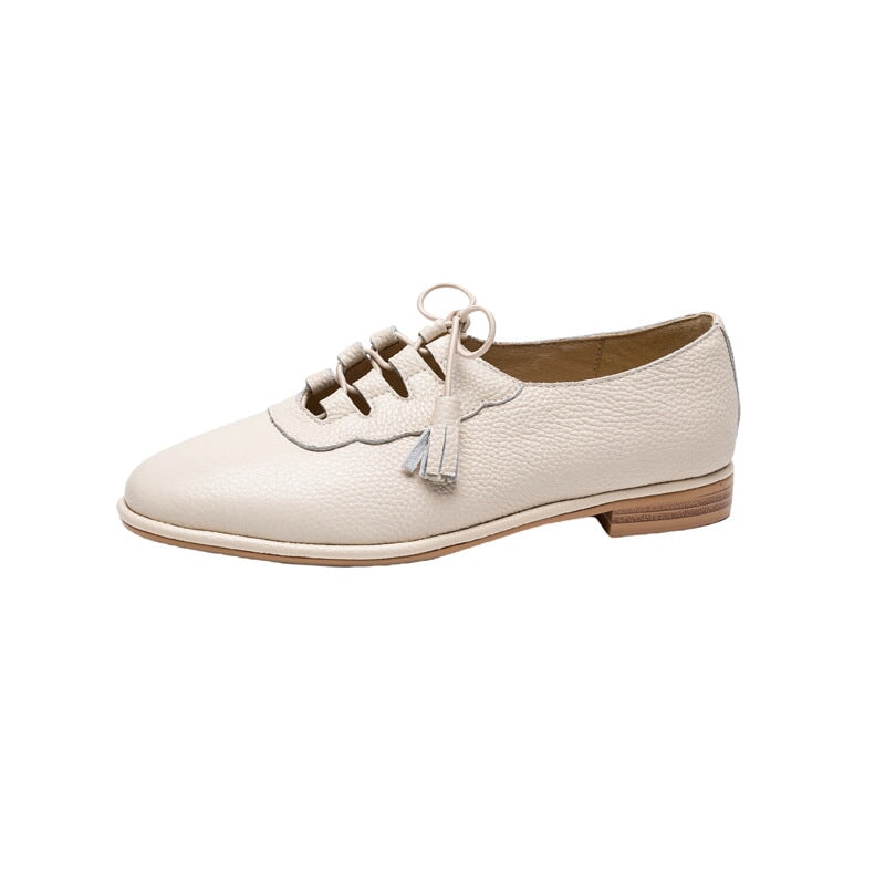 Retro Lace Up Leather Shoes For Women Round Toe Flats in Beige/Green