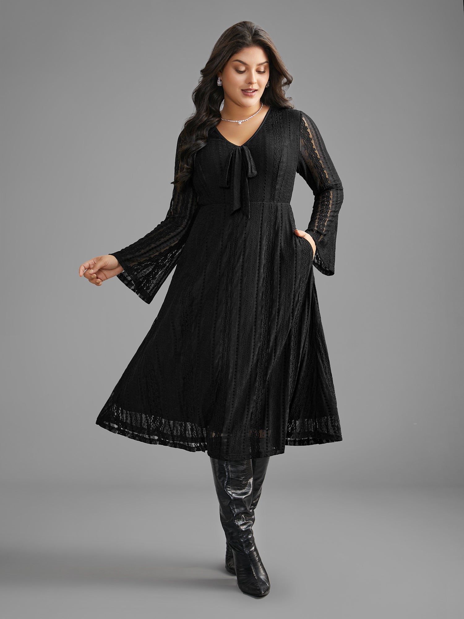 Textured Lace Panel Bell Sleeve Dress