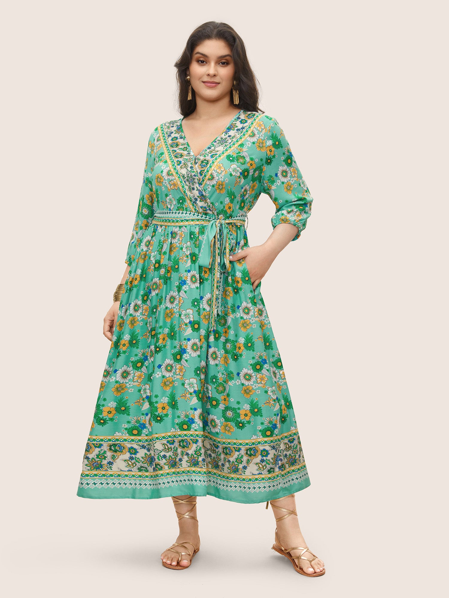 Bandana Print Surplice Neck Lantern Sleeve Dress