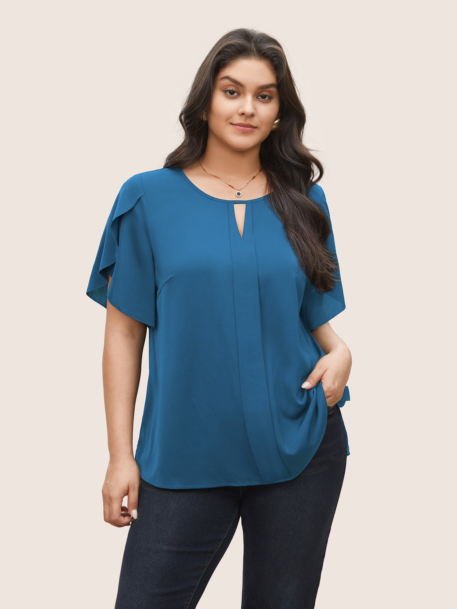 Solid Keyhole Petal Sleeve Pleated Blouse