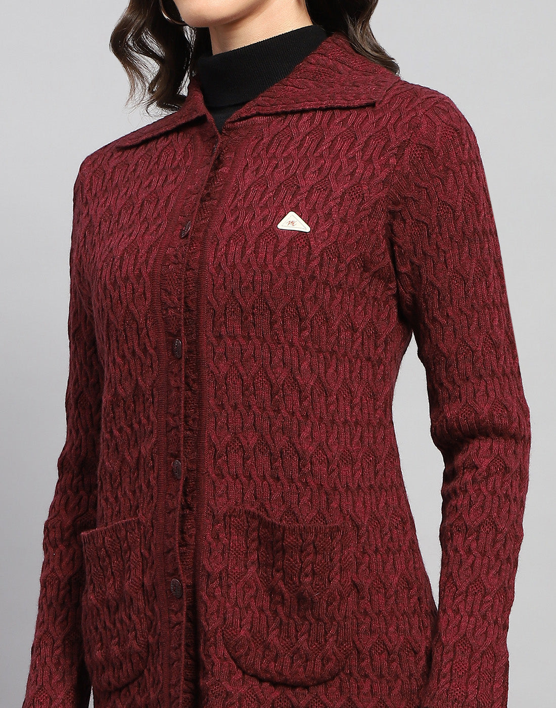 Women Maroon Self Design Collar Full Sleeve Cardigan