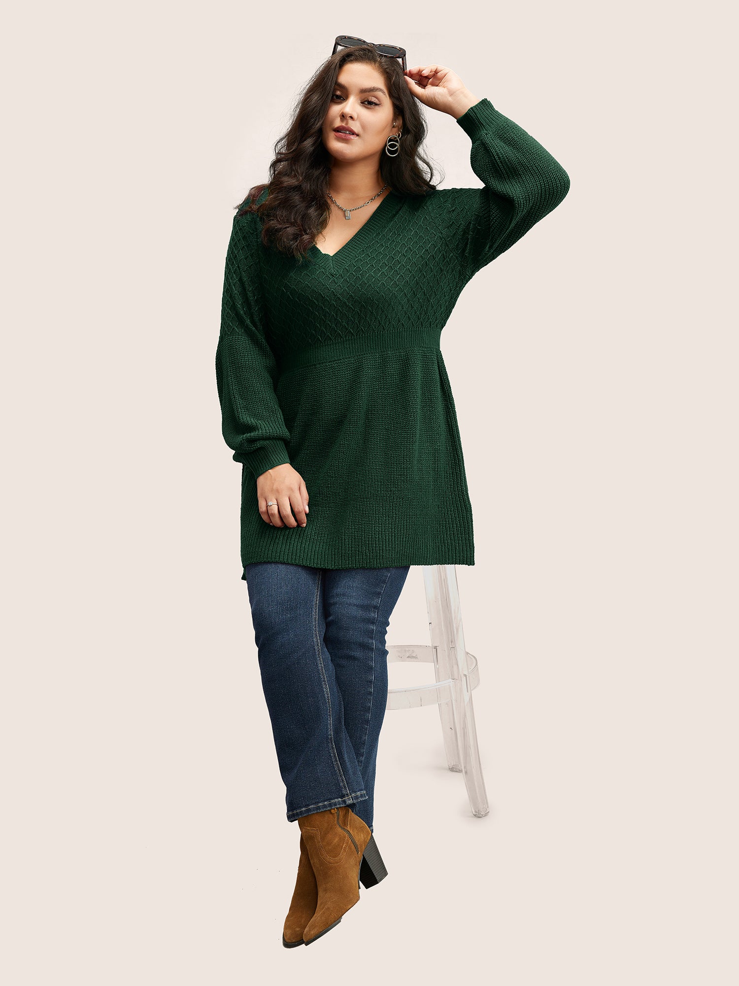 Plain Plisse Lantern Sleeve A Line Pullover