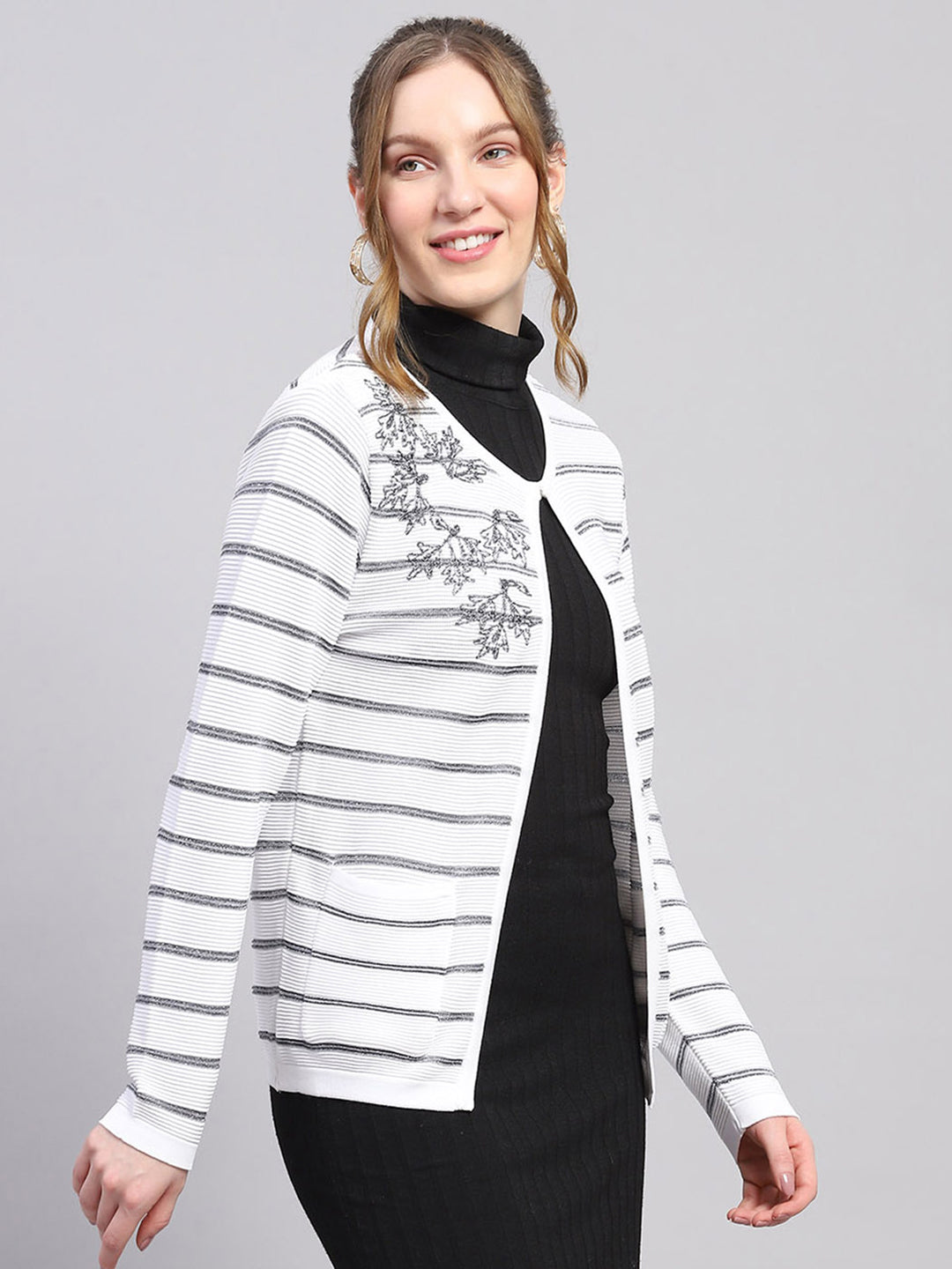 Women White Stripe Round Neck Full Sleeve Cardigan