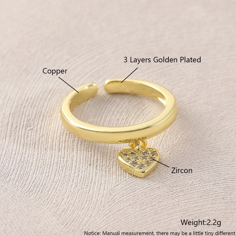 Copper 18K Gold Plated Gold Plated Plating Inlay Water Droplets Heart Shape Zircon Open Rings Rings