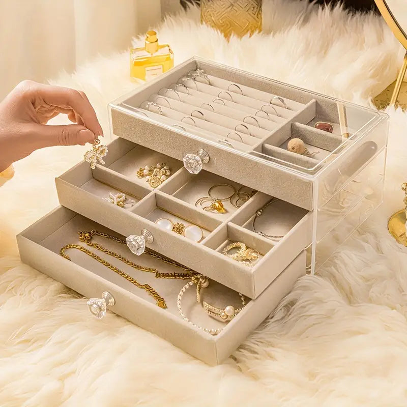 Three-Layer Velvet Acrylic Jewelry Organizer Box