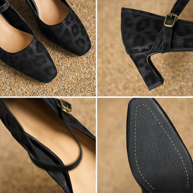 Vintage Square Toe Handmade Cow Leather Mary Jane Pumps in Black/Brown
