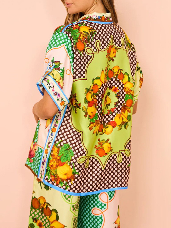 Loose Short Sleeves Contrast Color Floral Printed Lapel Shirt Top&Pants Two Pieces Set