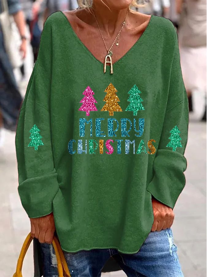 Women's Sequined Christmas Tree Print Long Sleeve T-Shirt