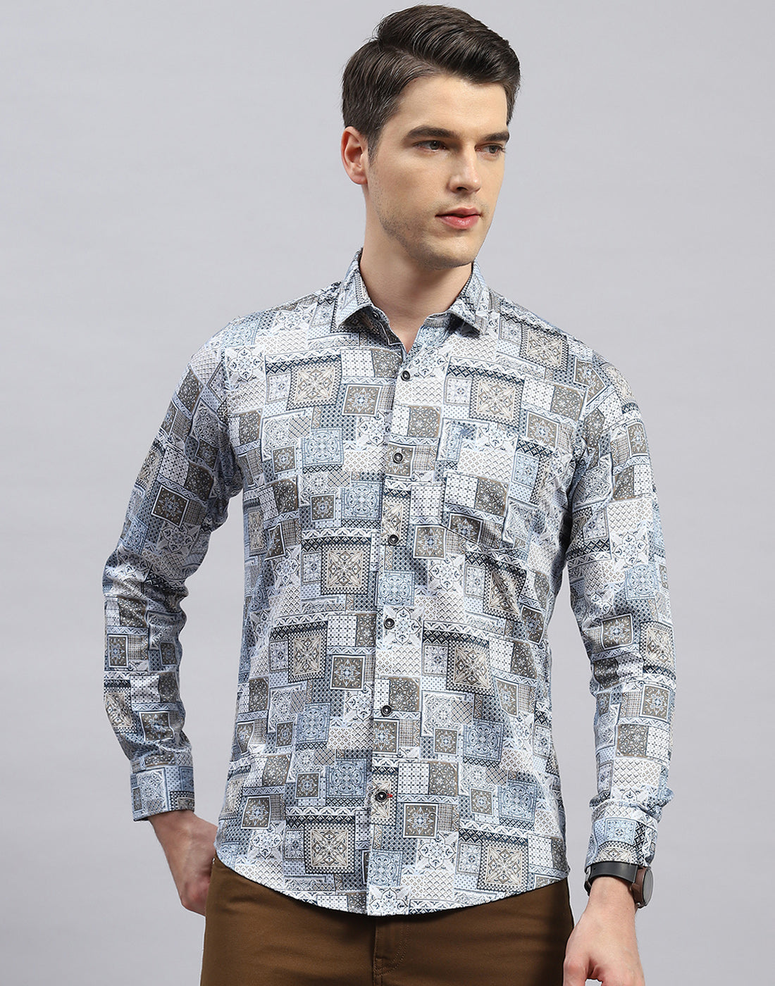 Men Blue Printed Collar Full Sleeve Shirt