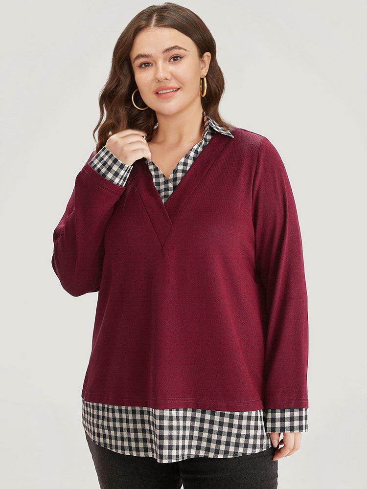 Gingham Patchwork Shirt Collar Arc Hem Sweatshirt