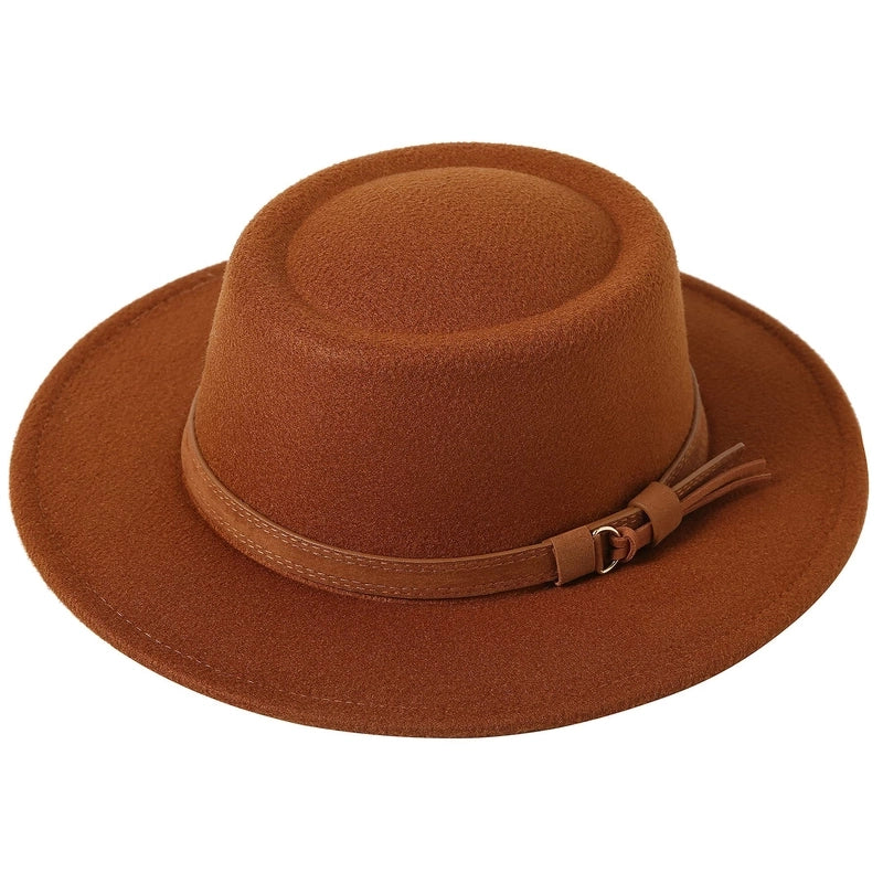 2 Pieces Concave Top Hat British Style Elegant Big Brim Hat Autumn And Winter Street Fashion Warm Felt Hat