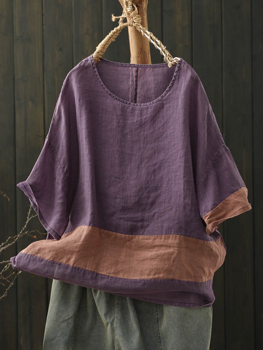 Women Summer Retro Colorblock O-Neck Raime Shirt