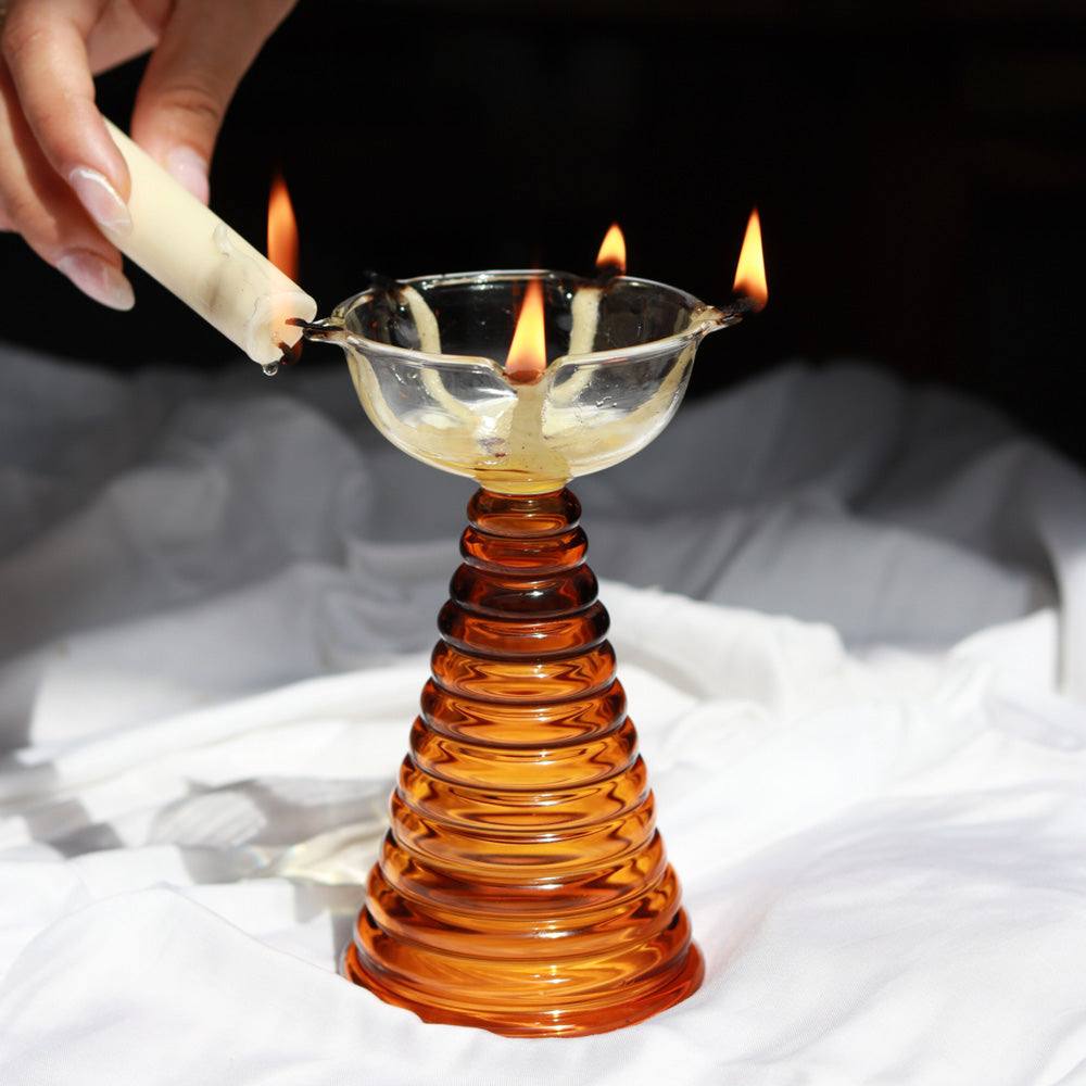 Tall Glass Diya - Amber