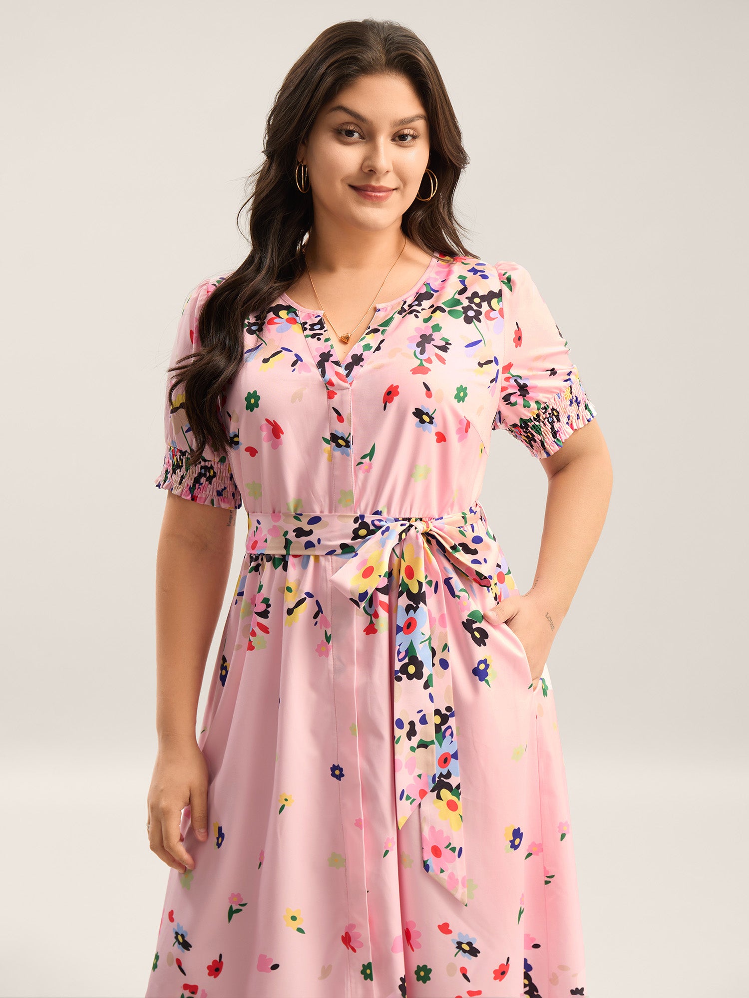 Floral Print Elastic Cuffs Belted Midi Dress