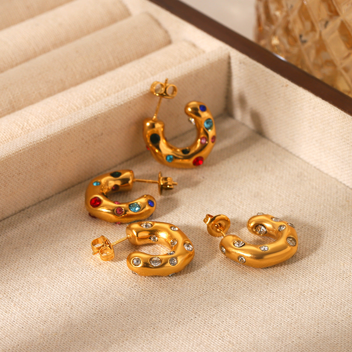 Special-Shaped 18K Gold Stainless Steel Earrings With Zircon C-Shaped Earrings For Women Titanium Steel Earrings