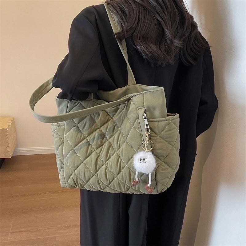 Women's Oxford Cloth Solid Color Elegant Vacation Sports Sewing Thread Square Zipper Shoulder Bag Bucket Bag