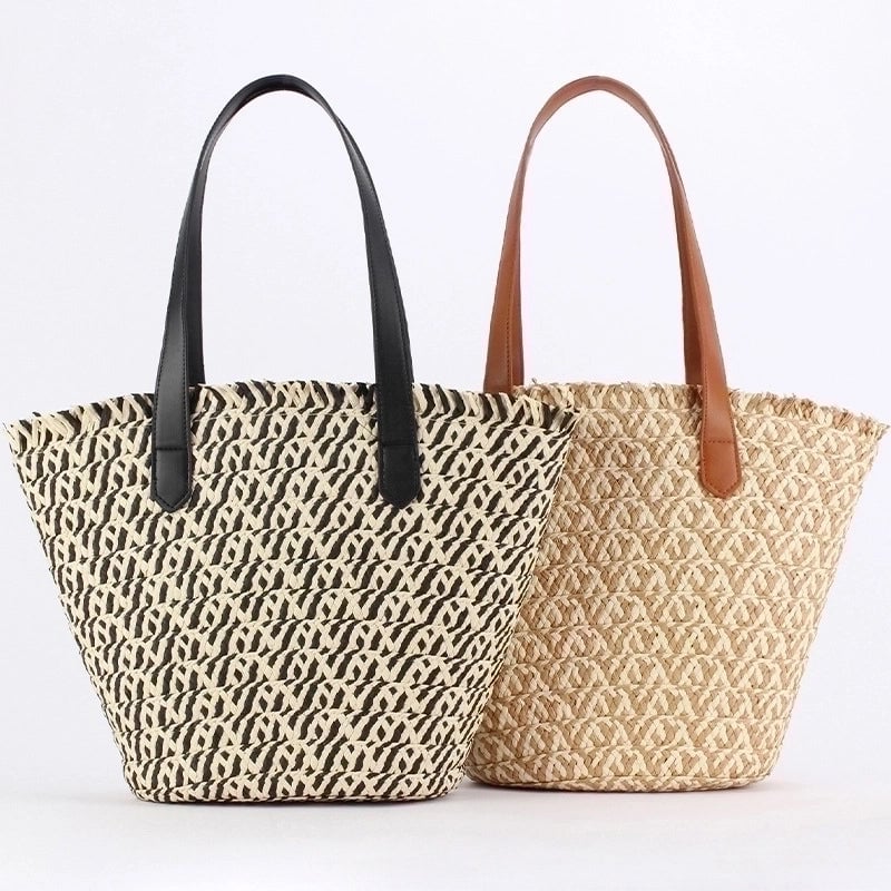 Women's Large Straw Geometric Vacation Bucket Zipper Straw Bag