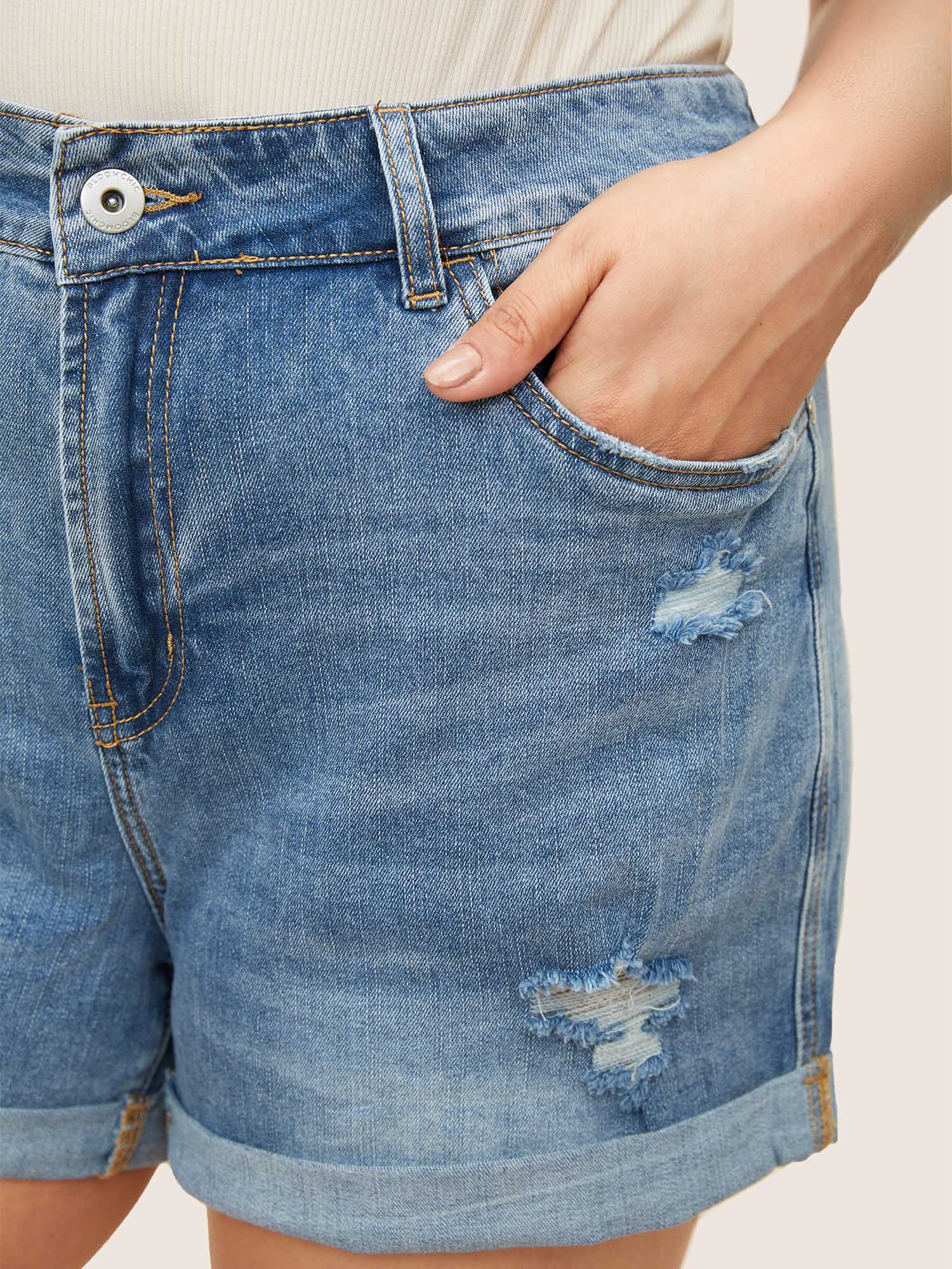 Skinny Very Stretchy Light Wash Roll Hem Distressed Denim Shorts