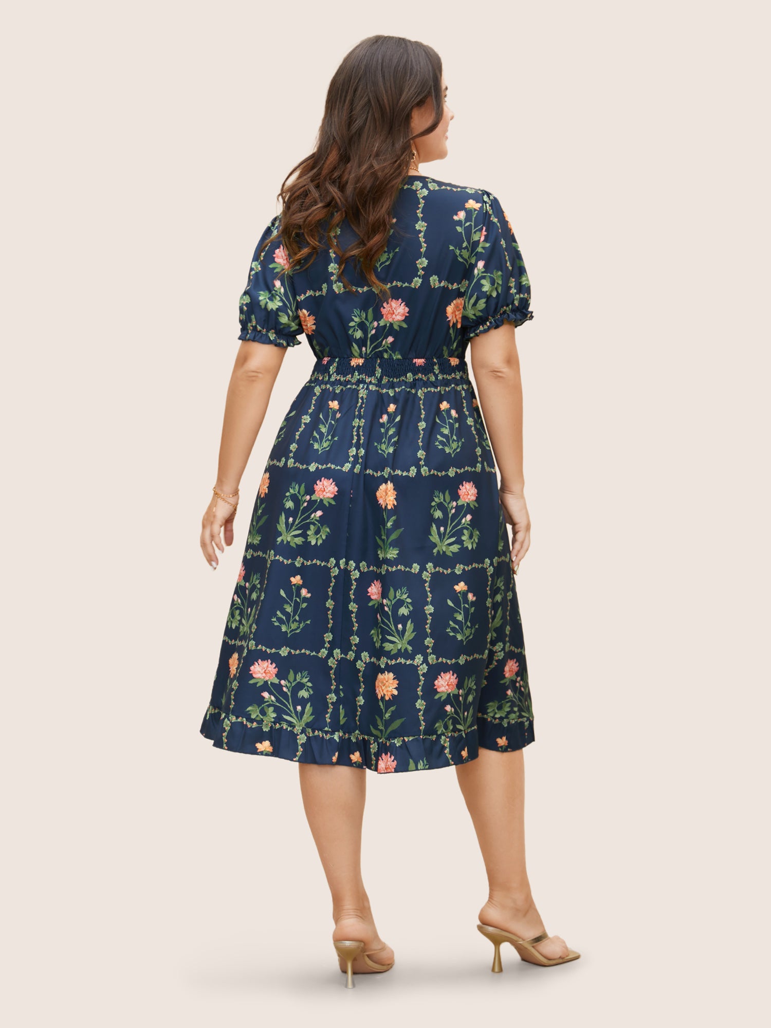 Boho Print Tie Knot Shirred Lantern Sleeve Dress