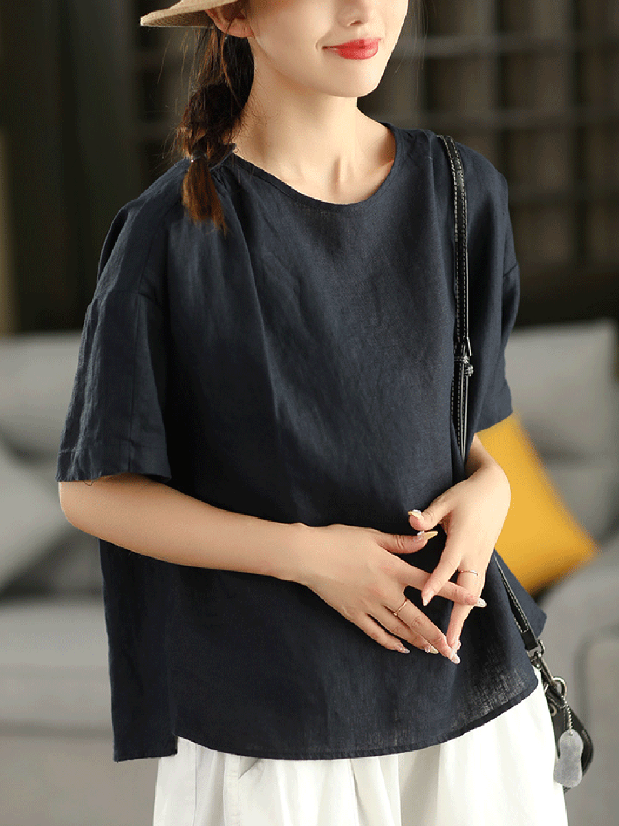Women Summer Artsy Pure Color O-Neck 100%Linen Shirt