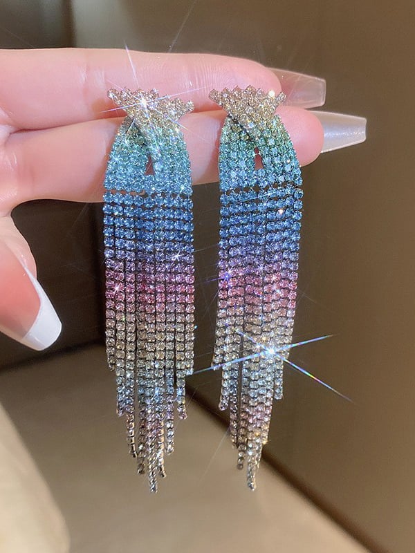 Gradient Hollow Rhine Stones Tasseled Drop Earrings