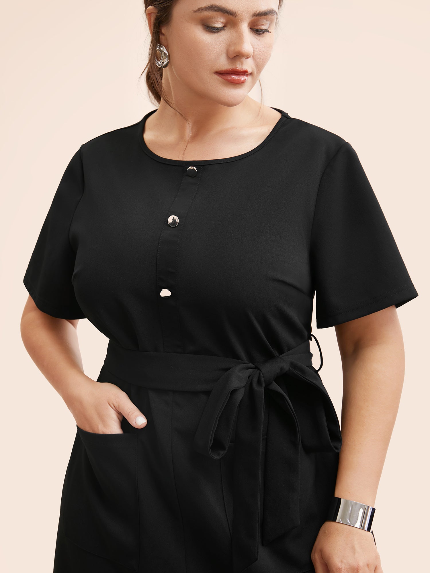 Crew Neck Metal Button Detail Belted Dress