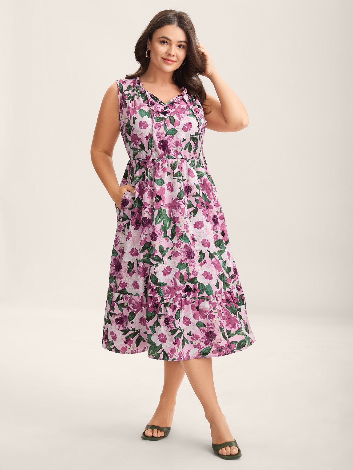Floral Print Cinched-Waist Pockets Midi Dress