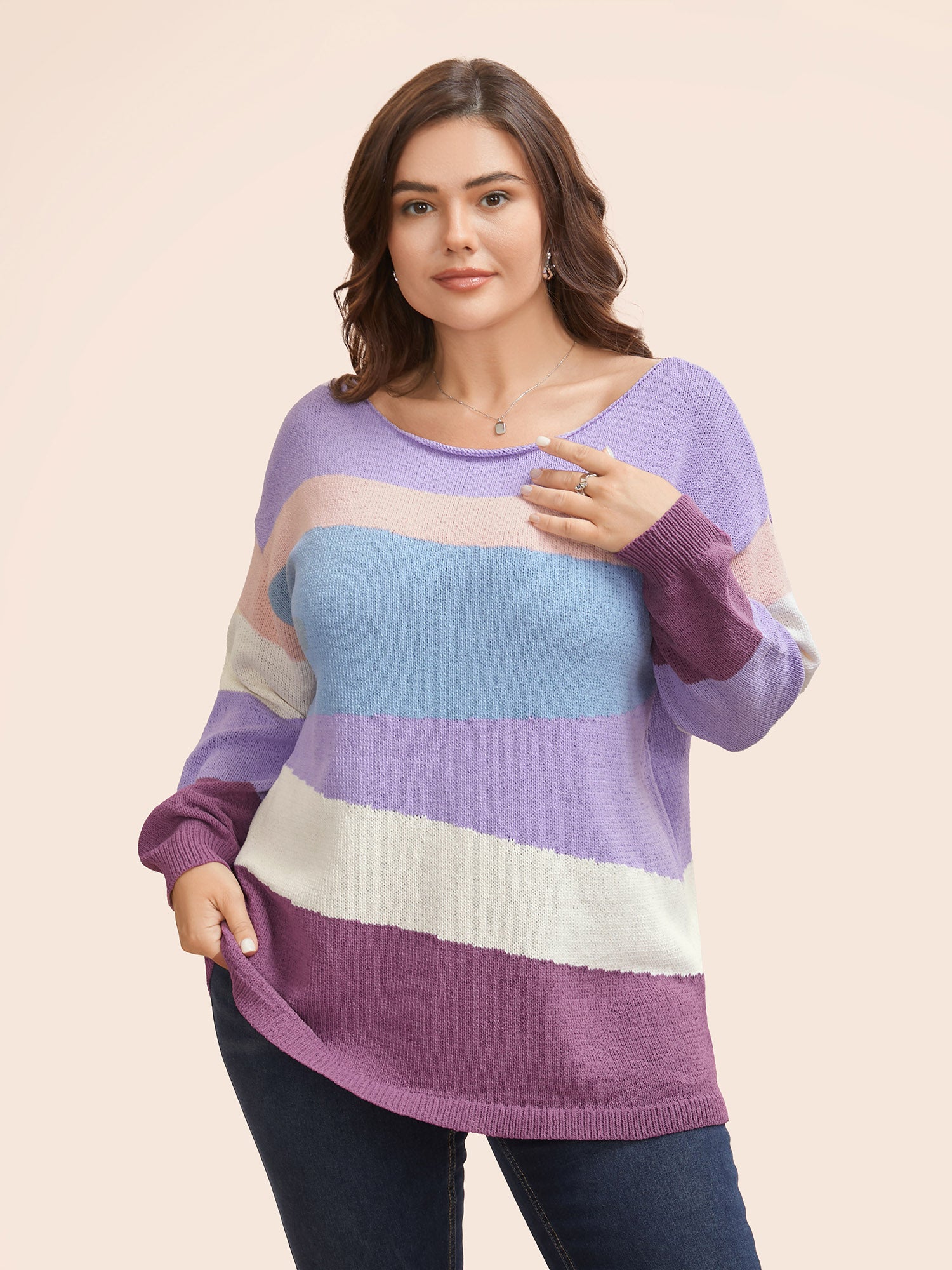 Colorblock Contrast Boat Neck Drop Shoulder Pullover