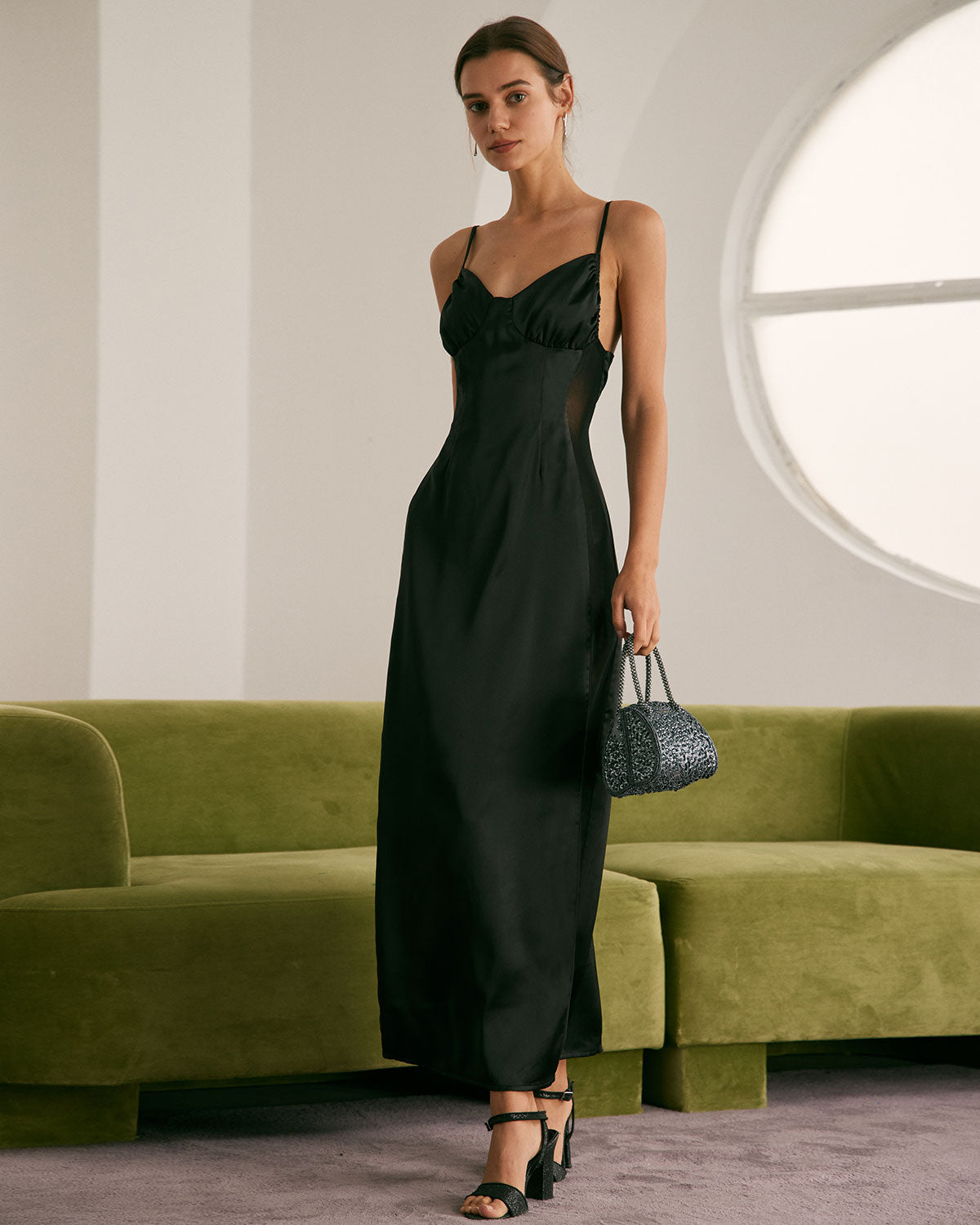 The Black V Neck Mesh Satin Slip Maxi Dress